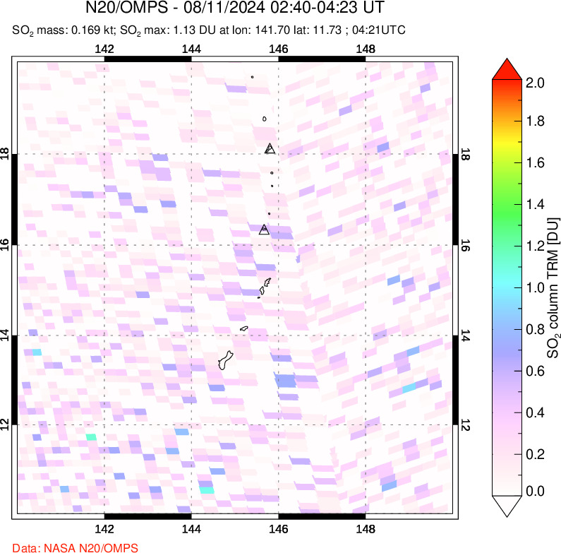 A sulfur dioxide image over Anatahan, Mariana Islands on Aug 11, 2024.