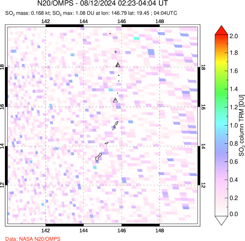 A sulfur dioxide image over Anatahan, Mariana Islands on Aug 12, 2024.