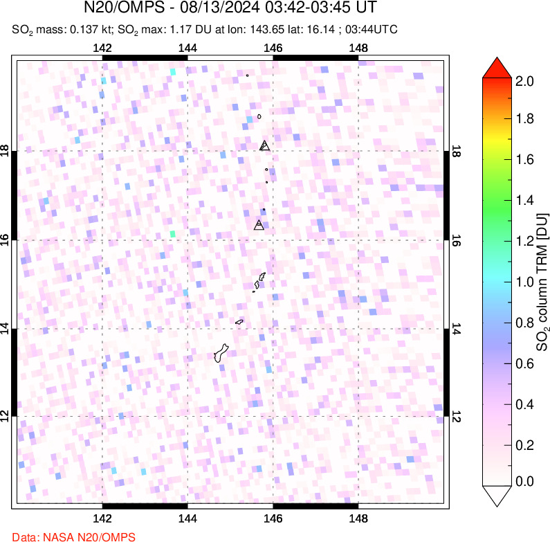 A sulfur dioxide image over Anatahan, Mariana Islands on Aug 13, 2024.