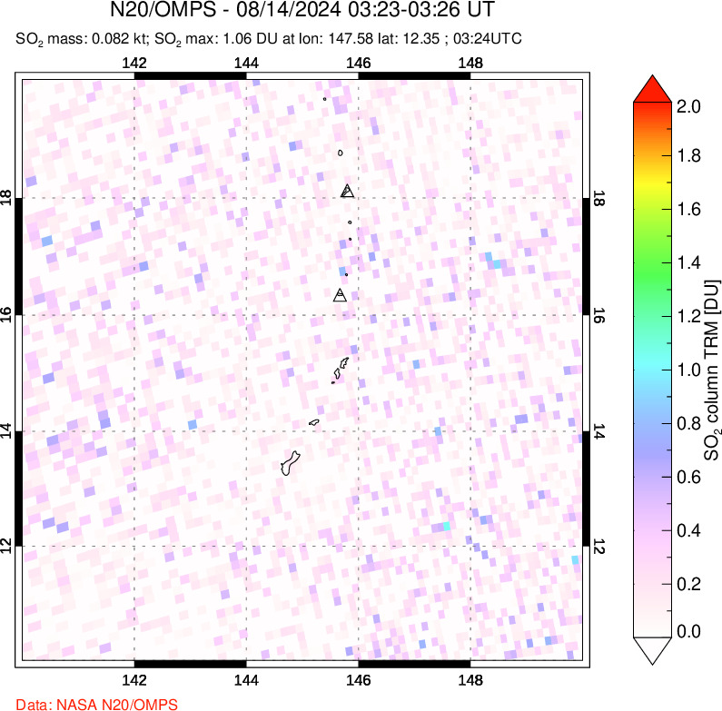 A sulfur dioxide image over Anatahan, Mariana Islands on Aug 14, 2024.