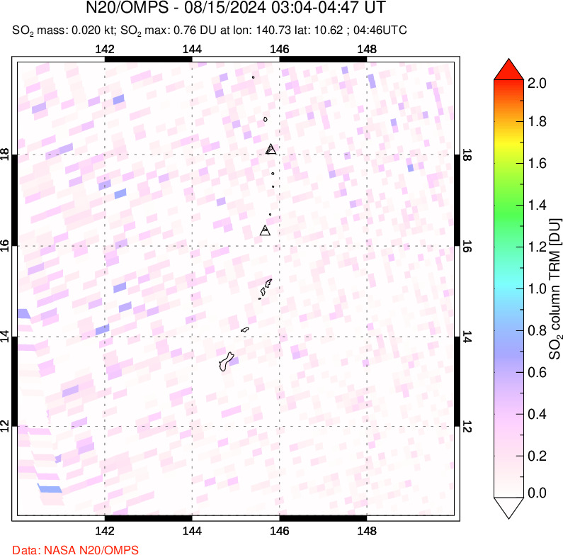 A sulfur dioxide image over Anatahan, Mariana Islands on Aug 15, 2024.