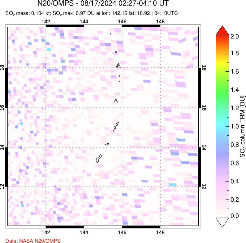 A sulfur dioxide image over Anatahan, Mariana Islands on Aug 17, 2024.