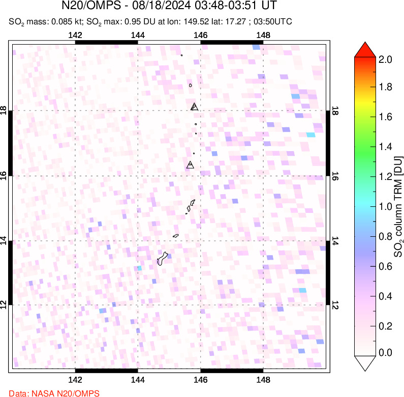 A sulfur dioxide image over Anatahan, Mariana Islands on Aug 18, 2024.