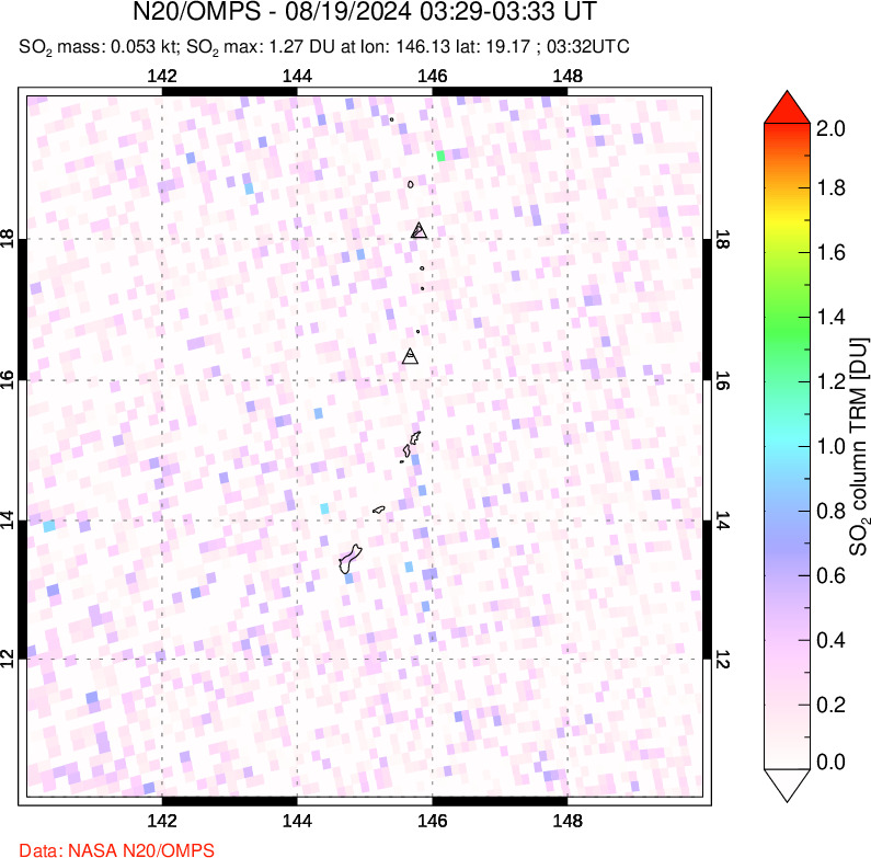 A sulfur dioxide image over Anatahan, Mariana Islands on Aug 19, 2024.