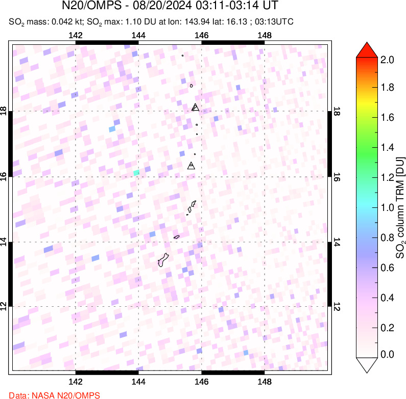 A sulfur dioxide image over Anatahan, Mariana Islands on Aug 20, 2024.