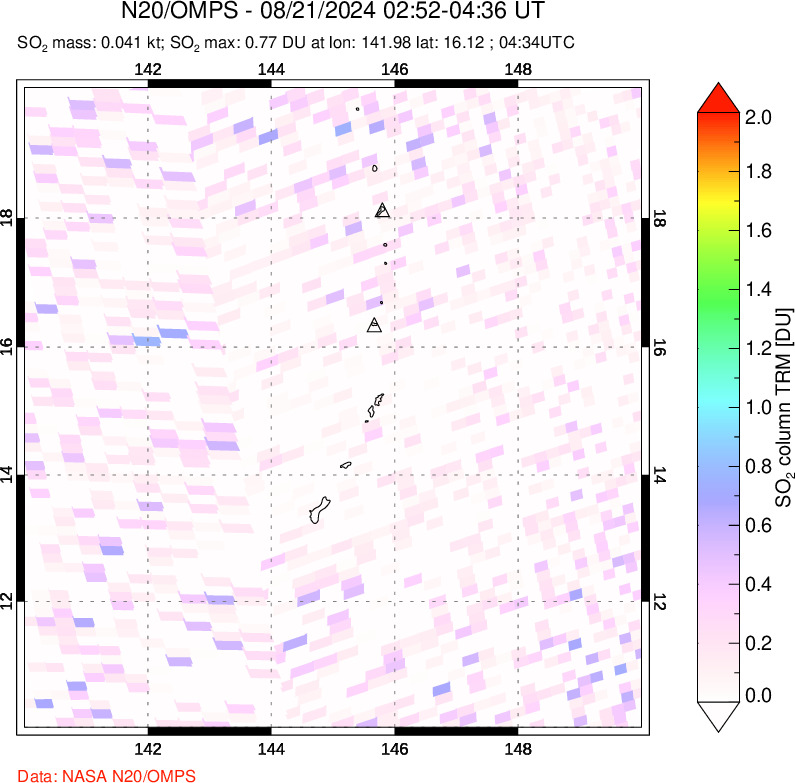 A sulfur dioxide image over Anatahan, Mariana Islands on Aug 21, 2024.