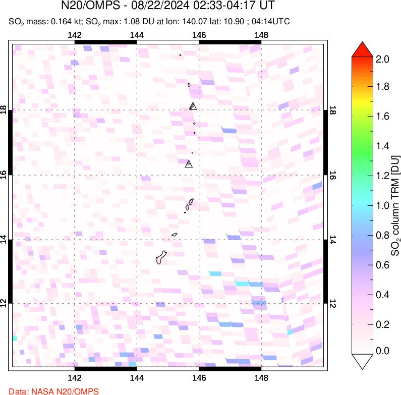 A sulfur dioxide image over Anatahan, Mariana Islands on Aug 22, 2024.