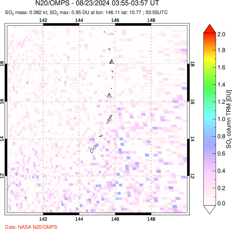 A sulfur dioxide image over Anatahan, Mariana Islands on Aug 23, 2024.