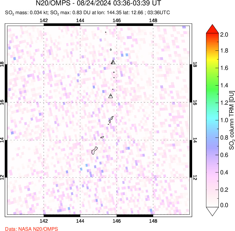 A sulfur dioxide image over Anatahan, Mariana Islands on Aug 24, 2024.