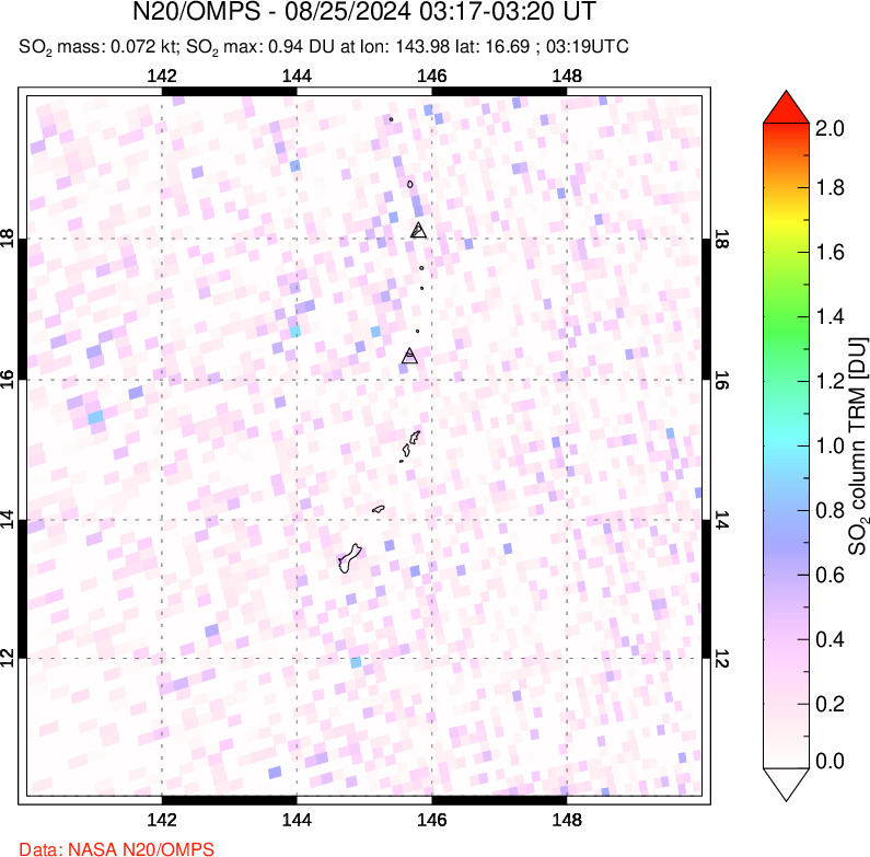 A sulfur dioxide image over Anatahan, Mariana Islands on Aug 25, 2024.