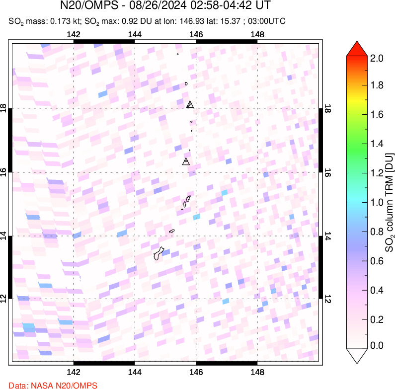 A sulfur dioxide image over Anatahan, Mariana Islands on Aug 26, 2024.