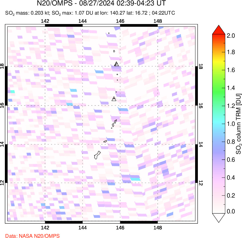 A sulfur dioxide image over Anatahan, Mariana Islands on Aug 27, 2024.