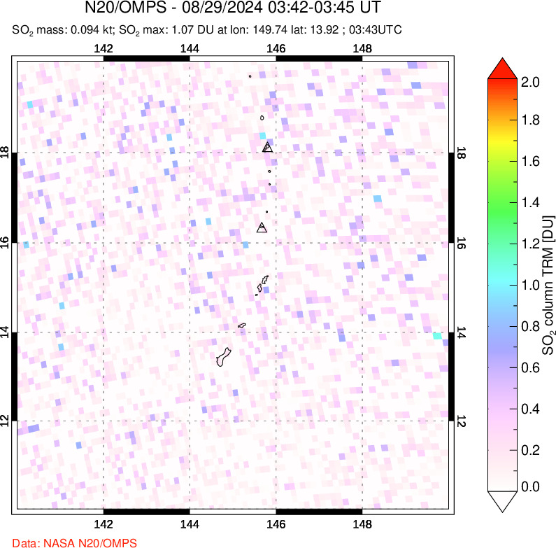 A sulfur dioxide image over Anatahan, Mariana Islands on Aug 29, 2024.