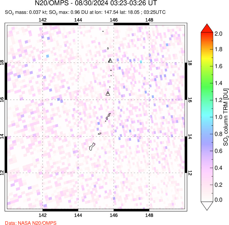 A sulfur dioxide image over Anatahan, Mariana Islands on Aug 30, 2024.