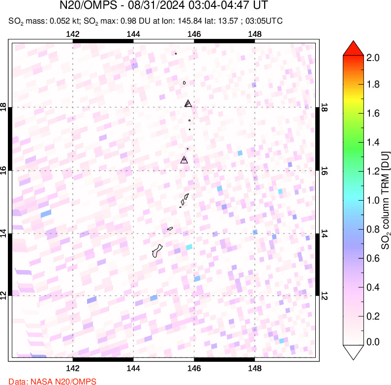 A sulfur dioxide image over Anatahan, Mariana Islands on Aug 31, 2024.