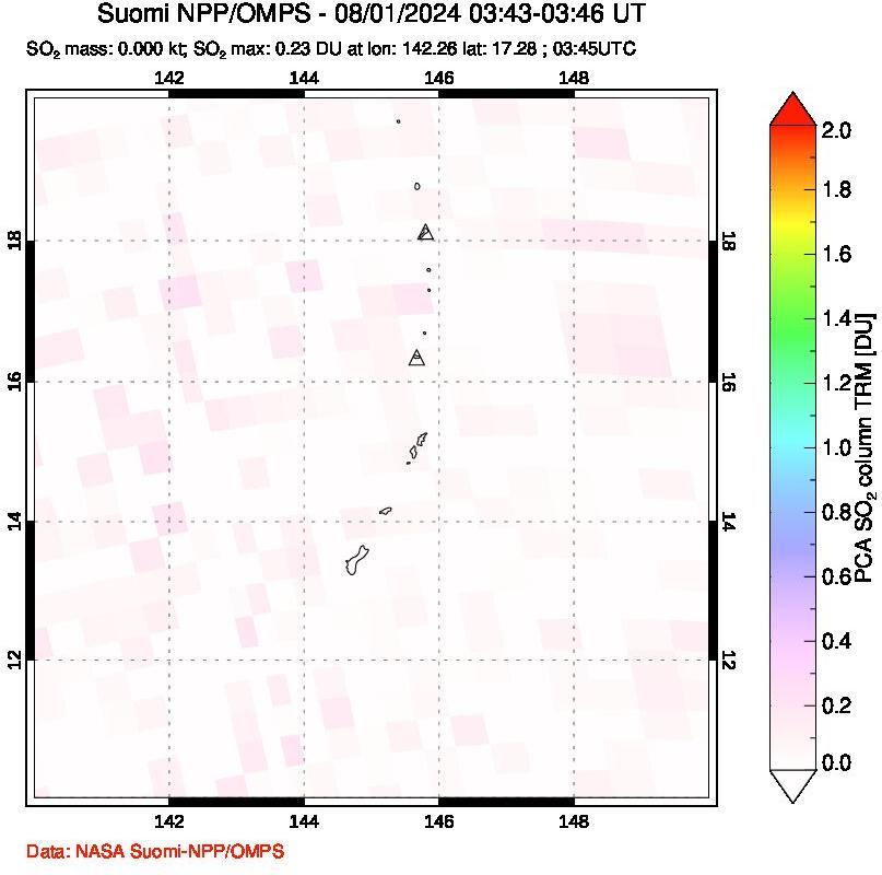 A sulfur dioxide image over Anatahan, Mariana Islands on Aug 01, 2024.