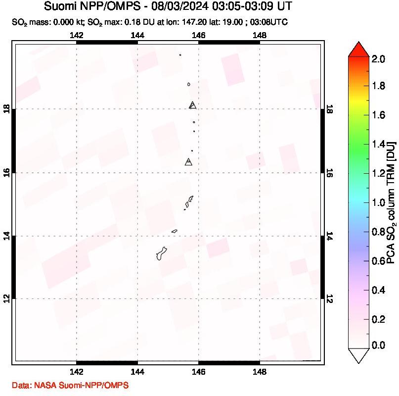 A sulfur dioxide image over Anatahan, Mariana Islands on Aug 03, 2024.