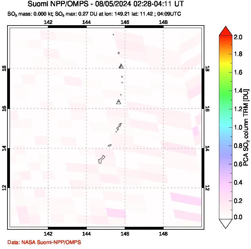 A sulfur dioxide image over Anatahan, Mariana Islands on Aug 05, 2024.