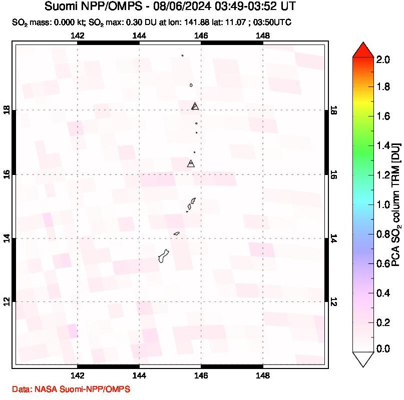 A sulfur dioxide image over Anatahan, Mariana Islands on Aug 06, 2024.