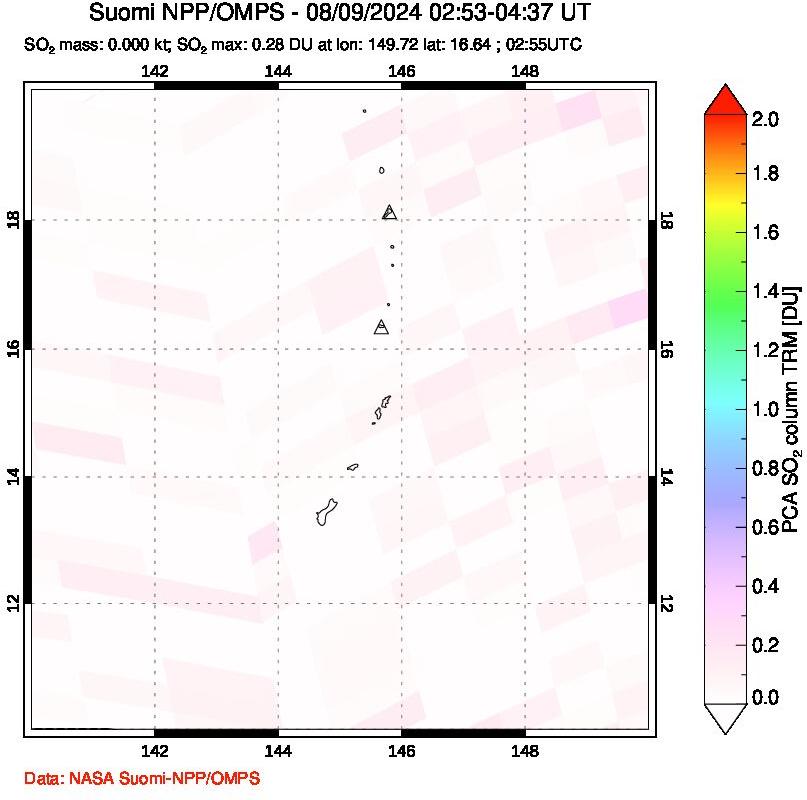 A sulfur dioxide image over Anatahan, Mariana Islands on Aug 09, 2024.