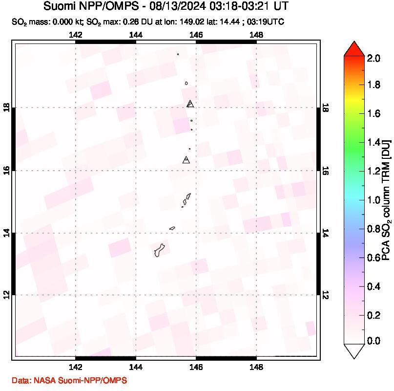 A sulfur dioxide image over Anatahan, Mariana Islands on Aug 13, 2024.