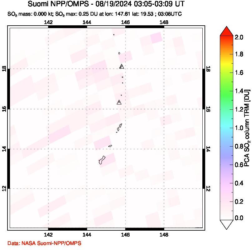 A sulfur dioxide image over Anatahan, Mariana Islands on Aug 19, 2024.