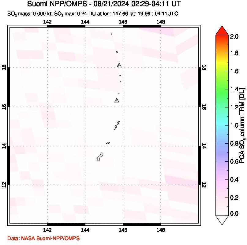 A sulfur dioxide image over Anatahan, Mariana Islands on Aug 21, 2024.