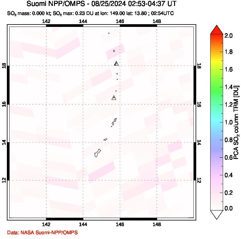 A sulfur dioxide image over Anatahan, Mariana Islands on Aug 25, 2024.