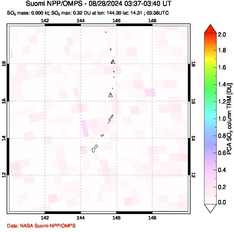 A sulfur dioxide image over Anatahan, Mariana Islands on Aug 28, 2024.