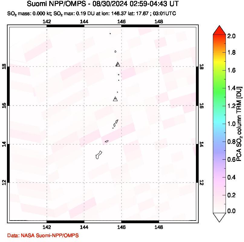 A sulfur dioxide image over Anatahan, Mariana Islands on Aug 30, 2024.