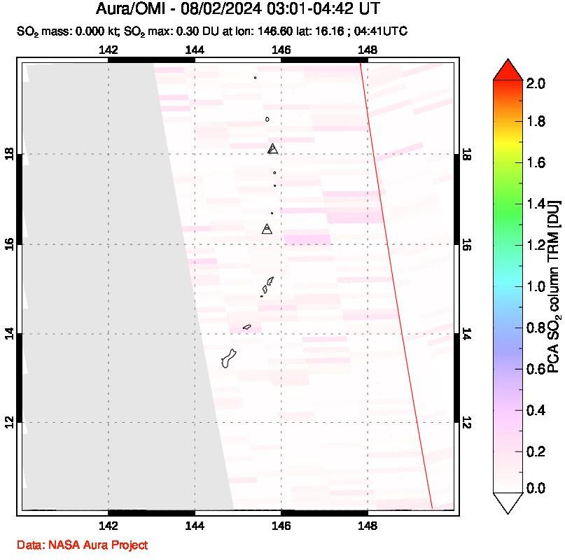 A sulfur dioxide image over Anatahan, Mariana Islands on Aug 02, 2024.