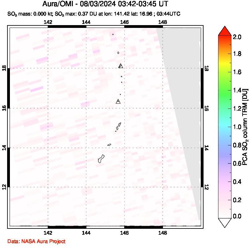 A sulfur dioxide image over Anatahan, Mariana Islands on Aug 03, 2024.