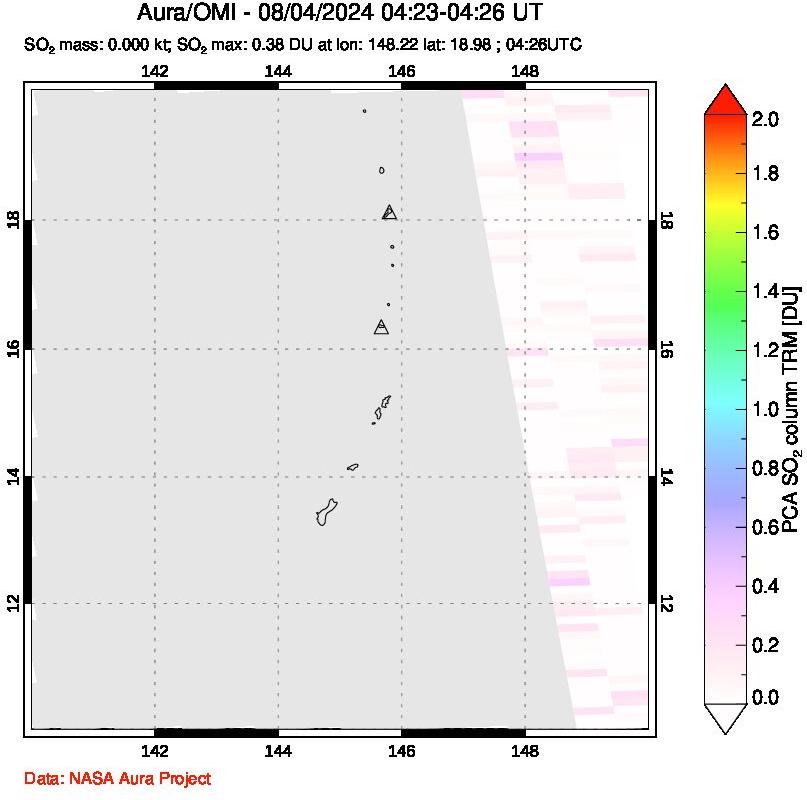 A sulfur dioxide image over Anatahan, Mariana Islands on Aug 04, 2024.