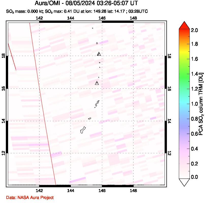 A sulfur dioxide image over Anatahan, Mariana Islands on Aug 05, 2024.