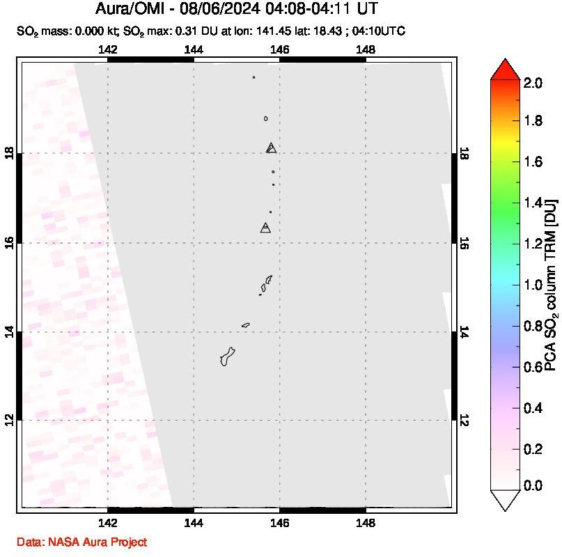 A sulfur dioxide image over Anatahan, Mariana Islands on Aug 06, 2024.