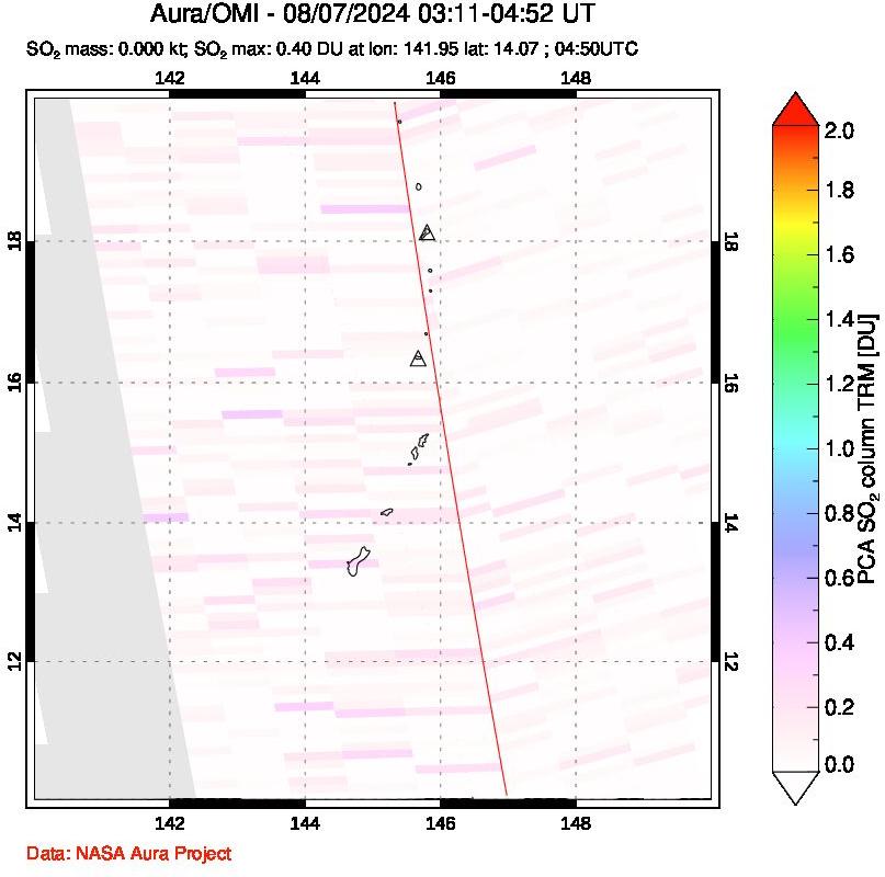 A sulfur dioxide image over Anatahan, Mariana Islands on Aug 07, 2024.