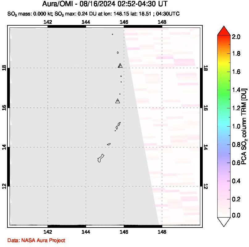 A sulfur dioxide image over Anatahan, Mariana Islands on Aug 16, 2024.