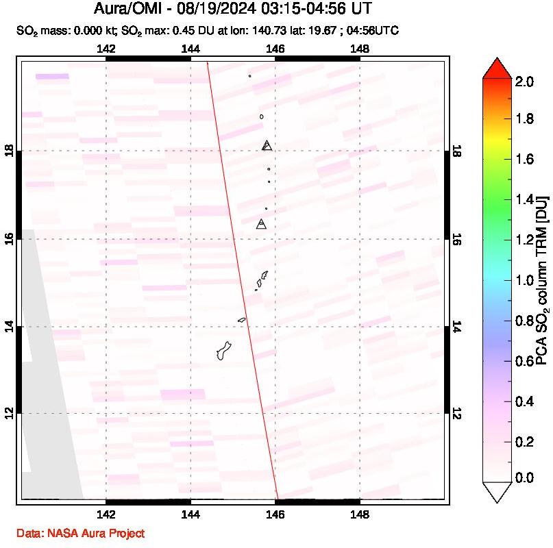 A sulfur dioxide image over Anatahan, Mariana Islands on Aug 19, 2024.