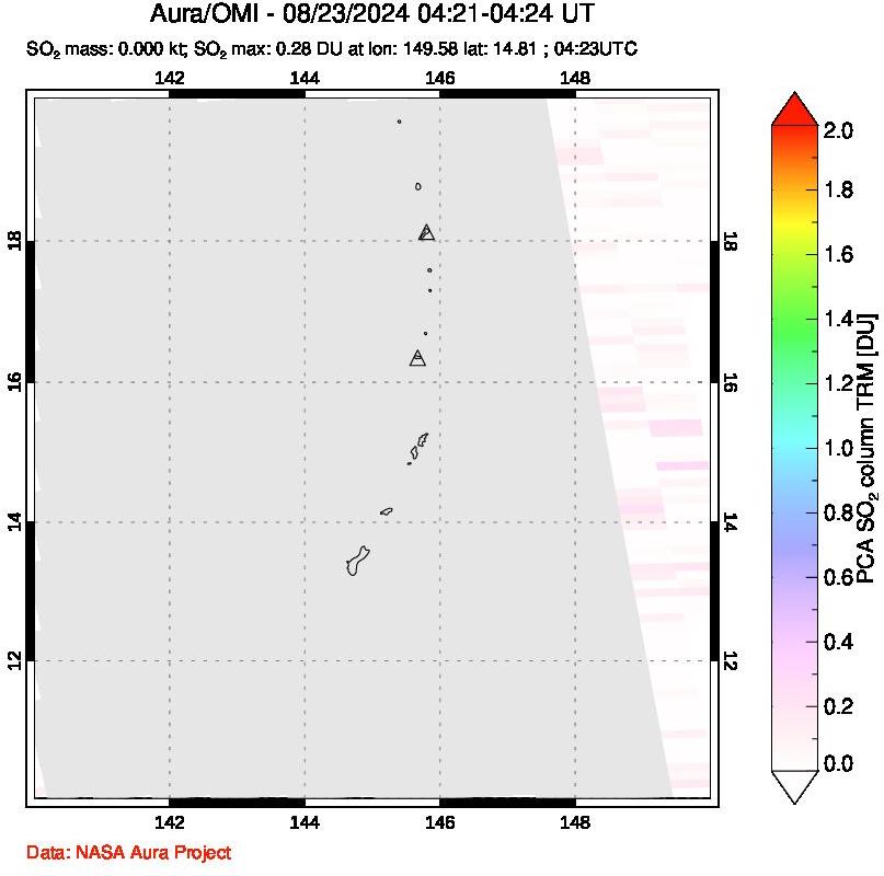 A sulfur dioxide image over Anatahan, Mariana Islands on Aug 23, 2024.