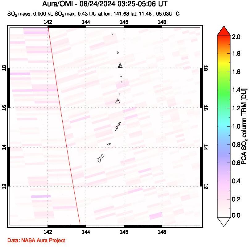 A sulfur dioxide image over Anatahan, Mariana Islands on Aug 24, 2024.