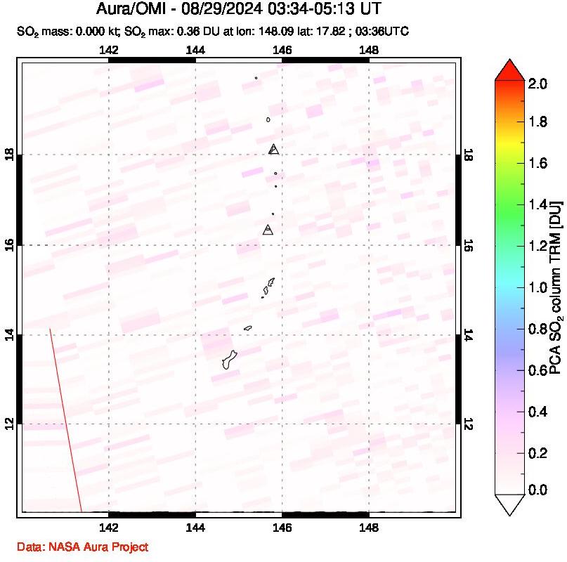 A sulfur dioxide image over Anatahan, Mariana Islands on Aug 29, 2024.