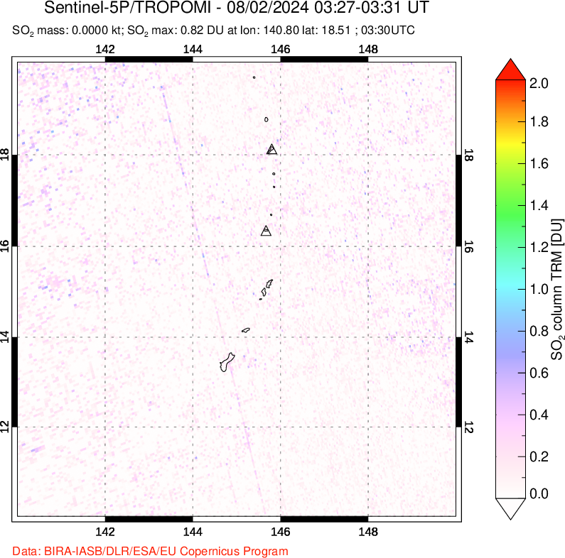 A sulfur dioxide image over Anatahan, Mariana Islands on Aug 02, 2024.