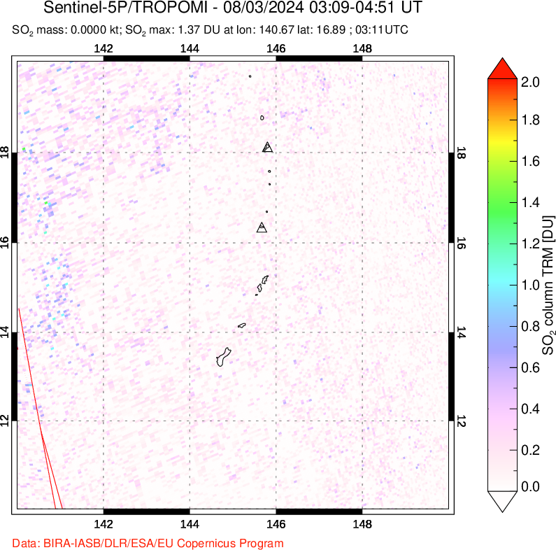 A sulfur dioxide image over Anatahan, Mariana Islands on Aug 03, 2024.