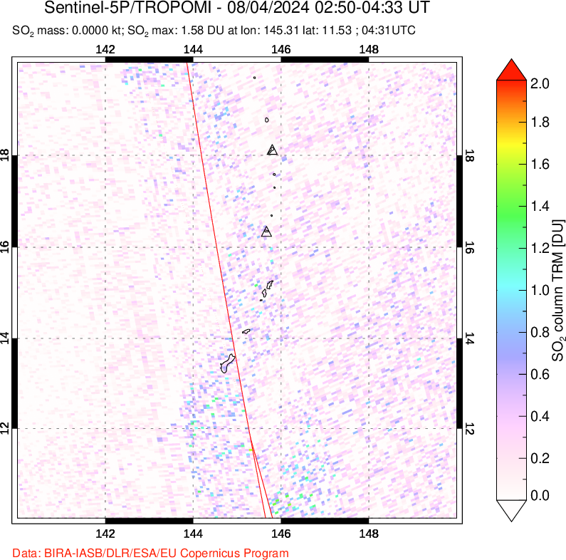 A sulfur dioxide image over Anatahan, Mariana Islands on Aug 04, 2024.