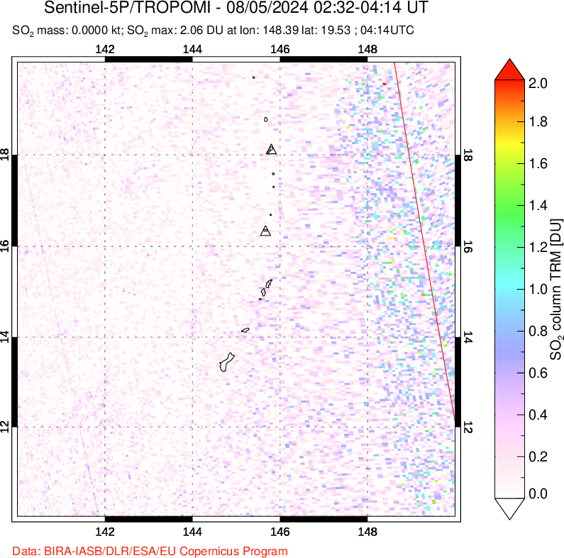 A sulfur dioxide image over Anatahan, Mariana Islands on Aug 05, 2024.