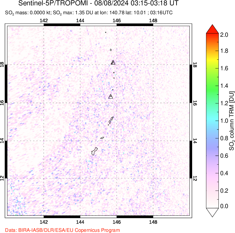 A sulfur dioxide image over Anatahan, Mariana Islands on Aug 08, 2024.