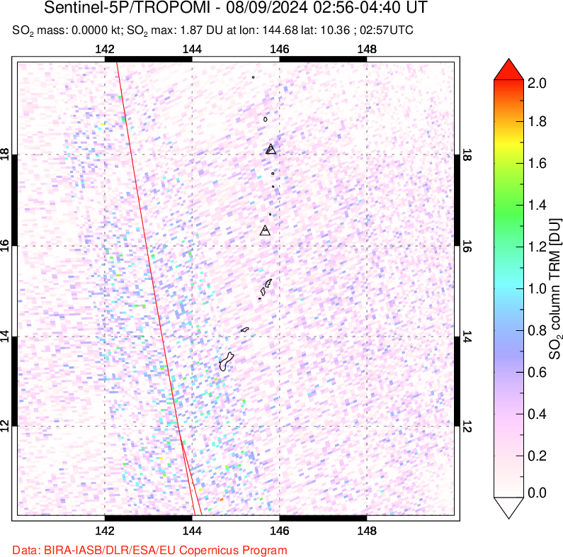 A sulfur dioxide image over Anatahan, Mariana Islands on Aug 09, 2024.