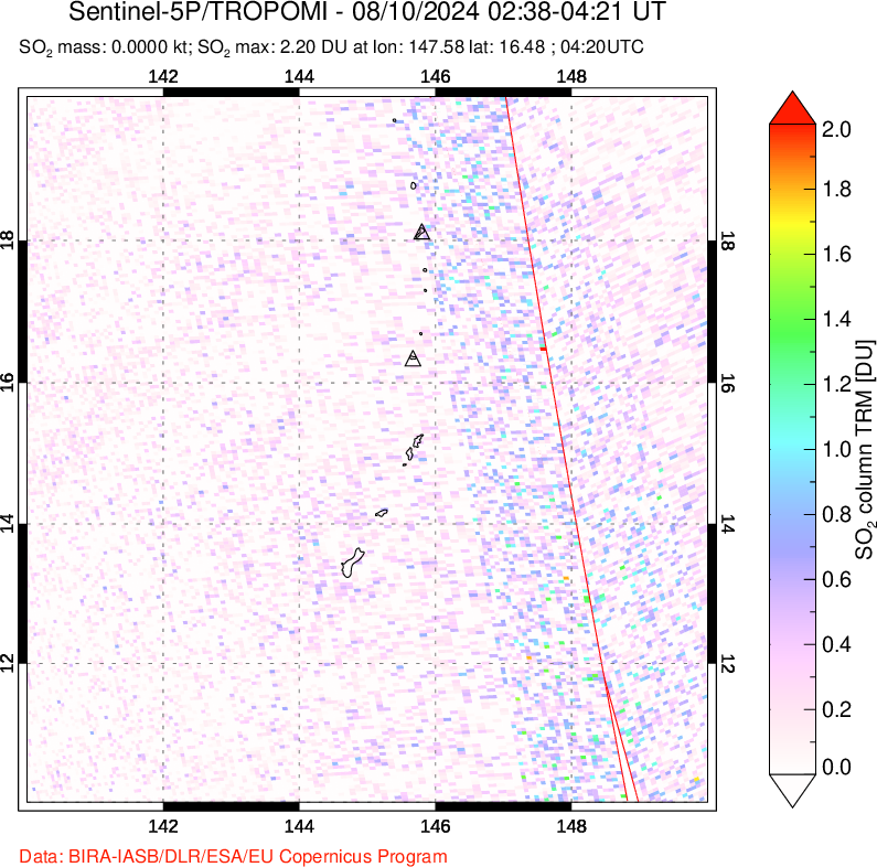 A sulfur dioxide image over Anatahan, Mariana Islands on Aug 10, 2024.