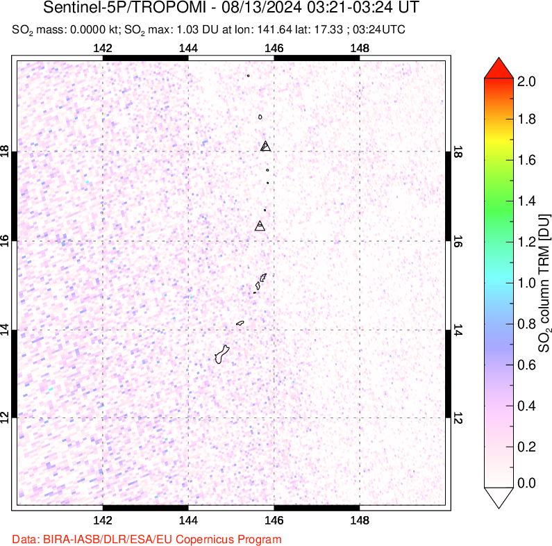 A sulfur dioxide image over Anatahan, Mariana Islands on Aug 13, 2024.