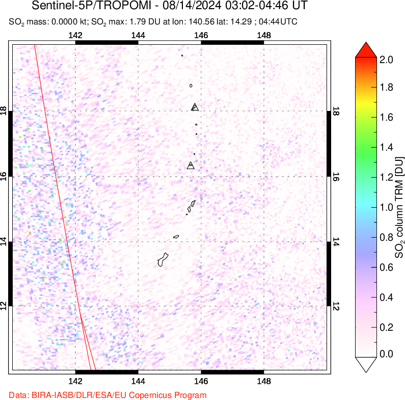 A sulfur dioxide image over Anatahan, Mariana Islands on Aug 14, 2024.